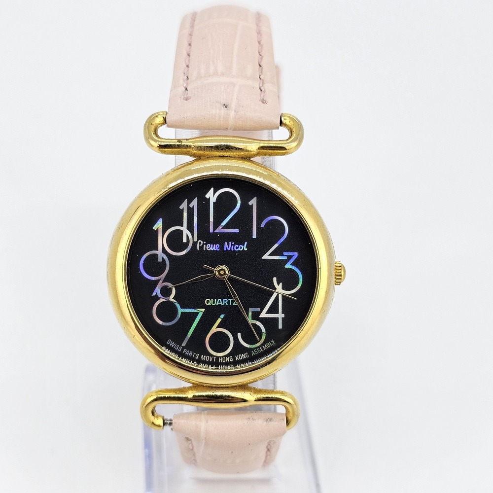 VTG Pierre Nicol Women Watch 32MM Black Dial New Pink Leather Bands New Battery
